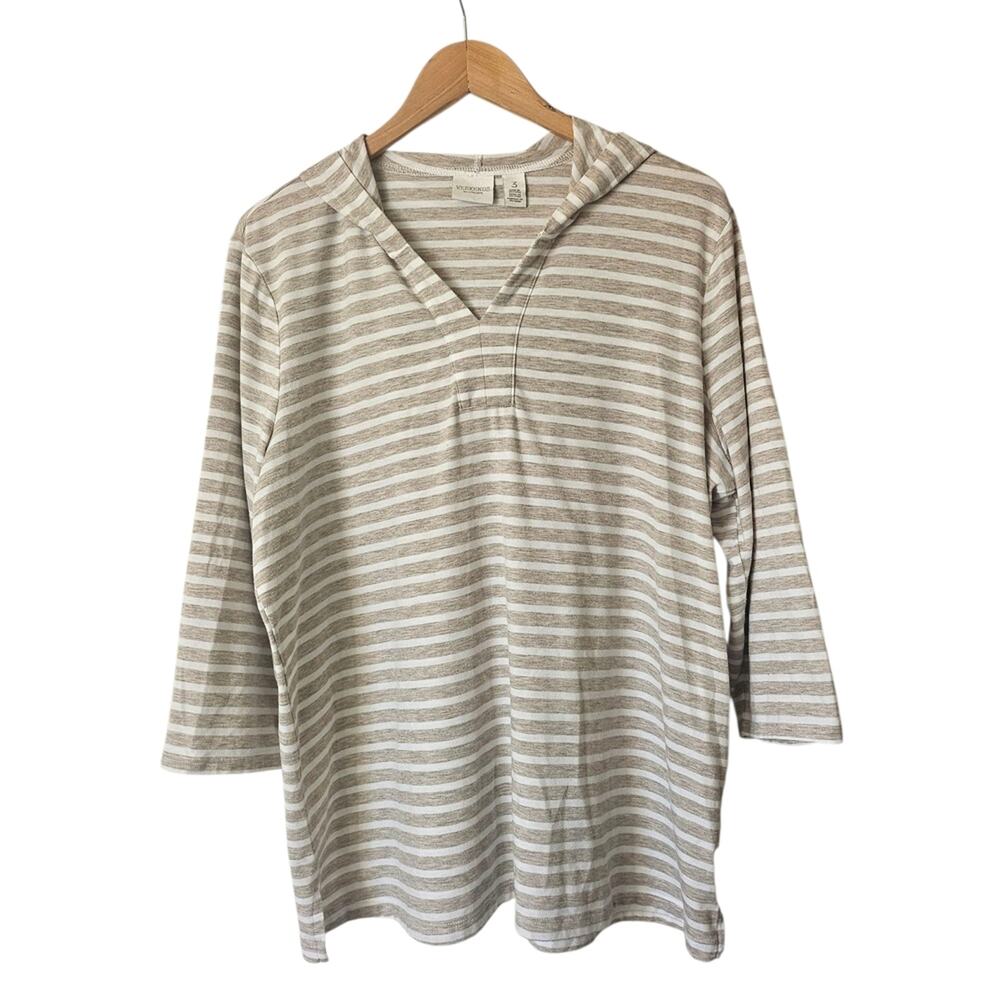 Weekends By Chico's Beachy Neutral Soft Cream Beige Stripe Hooded Top Size 3, XL
